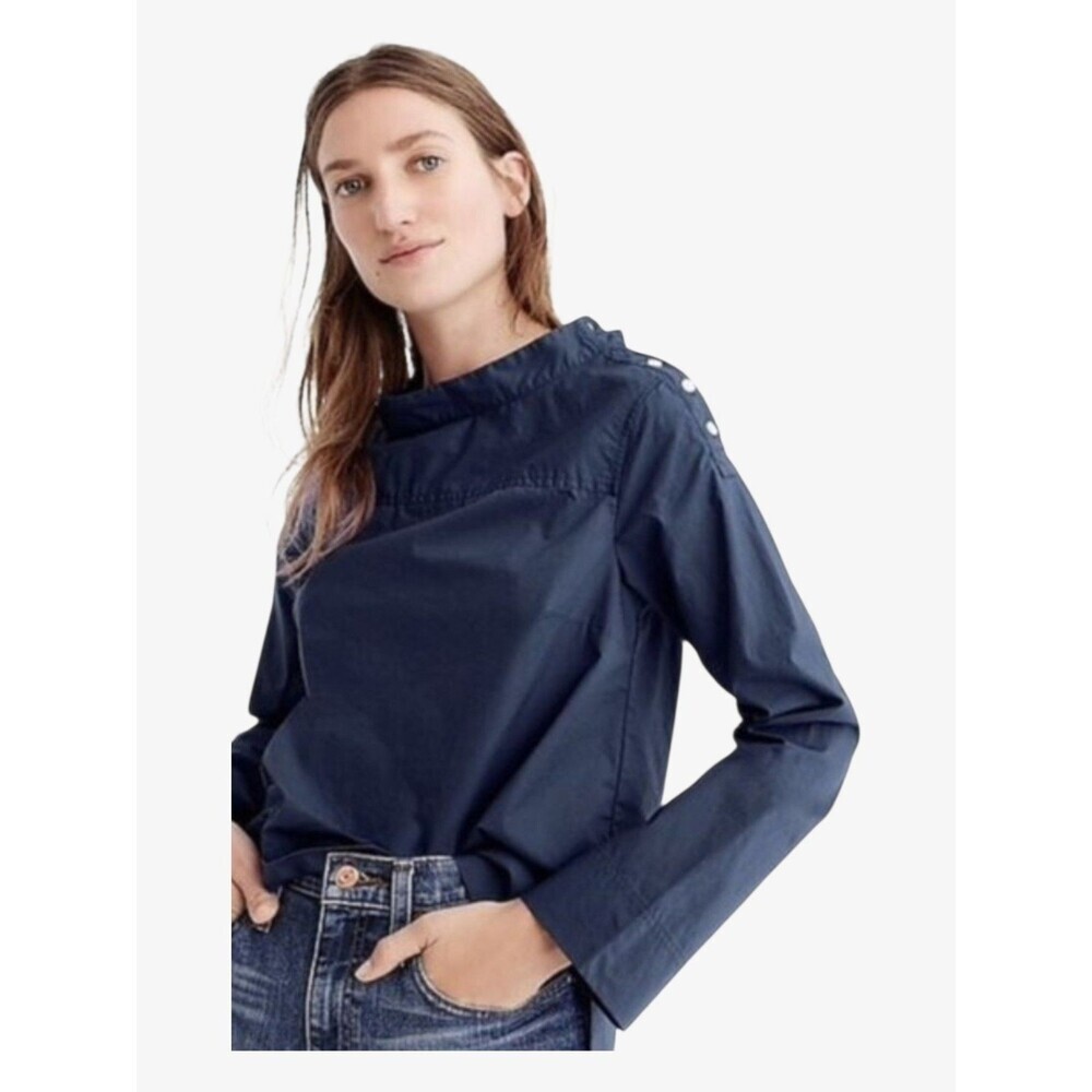 J.Crew Womens Navy Funnel Neck Cotton Popover Top Size 6 Button Shoulder Hi Low
